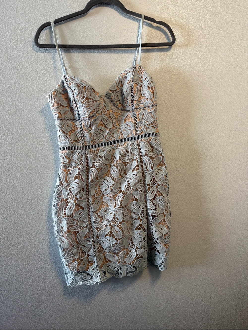 Blue Lace Nude Lined Bodycon Dress